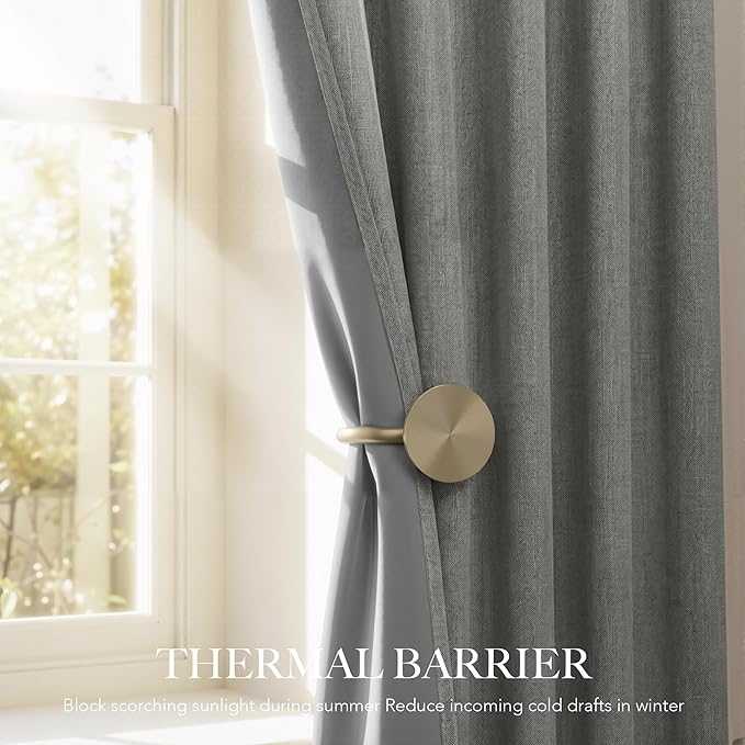 RYB HOME 100% Blackout Curtains Linen Textured 102 Inch Long, Insulating Energy Saving Window Curtains for Bedroom Living Room Dining Patio Sliding Glass Door, W52 x L102 inch, Grey, 2 Panels