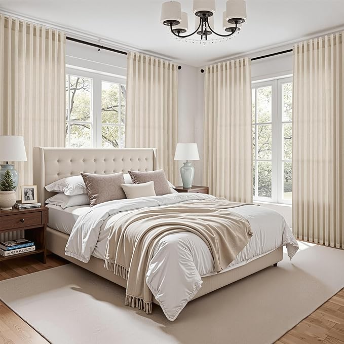 Nanspring Cream Beige Linen Curtains 84 Inches Long for Living Room Light Filtering Semi Sheer Curtain Back Tab Modern Farmhouse Decor Elegant Luxury Coastal Drapes for Bedroom Office 52x84,2 Panels