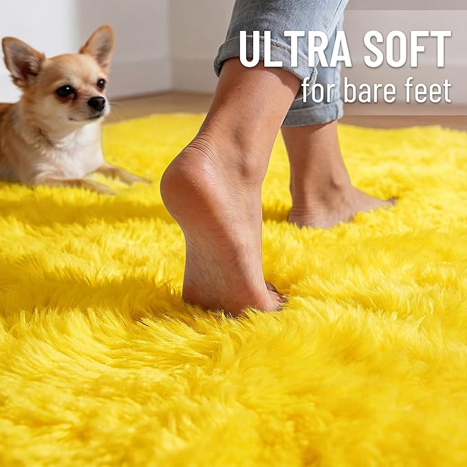 OLANLY 6x9 Machine Washable Large Area Rugs for Living Room, Bedroom, Soft Fluffy Shaggy Bedside Rug, Indoor Floor Carpet for Kids Girls and Boys, Dorms, Nursery, Home Decor Aesthetic, Yellow