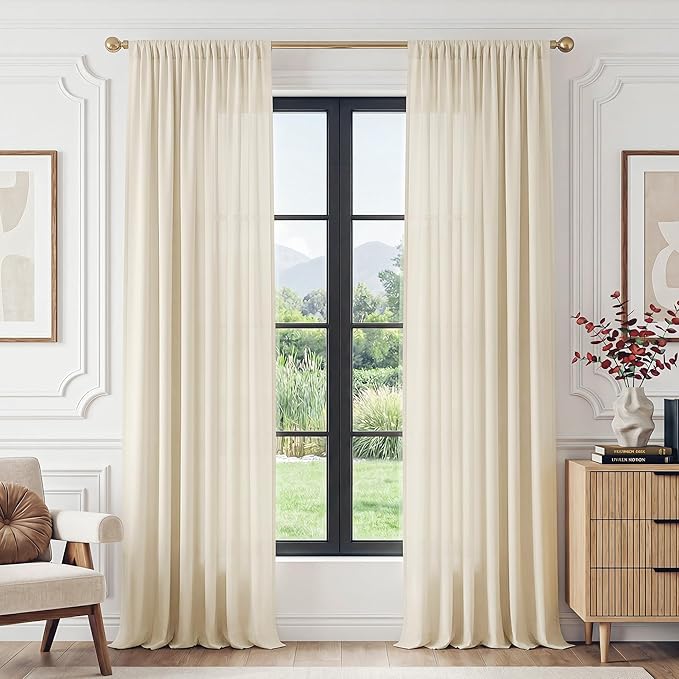 FMFUNCTEX Sheer Non-See-Through Butter Cream Curtains for Bedroom, Faux Silk That Let Light Curtains 72 inches Long Light Filtering Privacy Sheer Window Drapes for Living Room, Rod Pocket 2 Panels Set