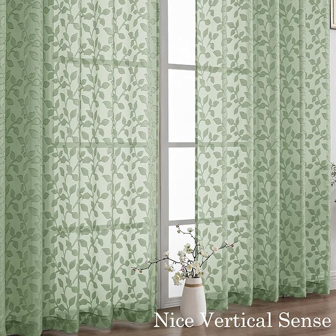 Chyhomenyc Sage Green Sheer Curtains 90 Inch Length 2 Panels Set, Light Filtering Tufted Textured Soft Airy Rod Pocket Gentle Leaf Window Treatment Drapes for Bedroom Living Room, 52" Wx90 L, 2PCS