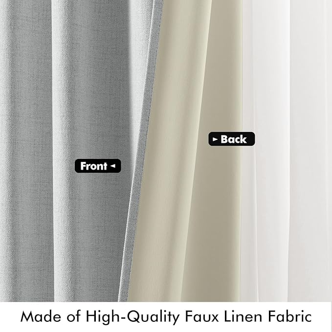 MIULEE 100% Blackout Linen Curtains for Bedroom, Grey Solid Luxury Decor Thermal Insulation Room Darkening Drapes for Living Room Nursery Back Tab Rod Pocket 42 x 90 Inches, 2 Panels