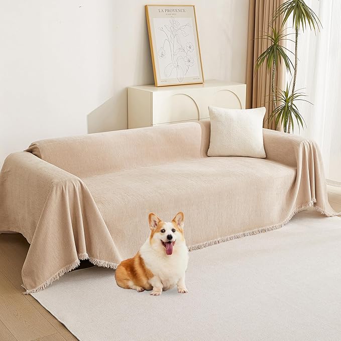 MYSKY HOME Chenille Couch Covers for Sectional Sofa, Couch Cover for Dogs, Washable Sofa Cover, Soft Furniture Protector, Sofa Covers for Futon, Loveseat, Cushion Cover with Tassel, 71"x 102", Khaki
