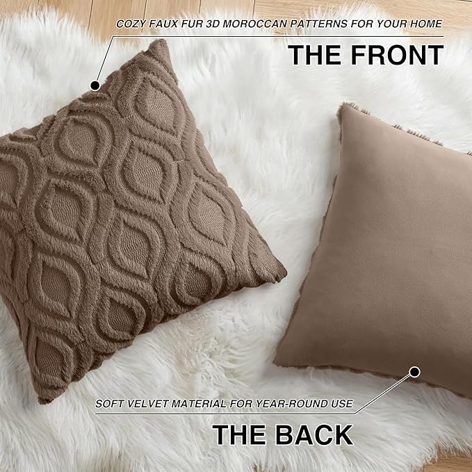decorUhome Throw Pillow Covers 22x22 Inch Set of 2, Soft Plush Faux Wool Brown Solid Couch Pillow Covers, Accent Euro Sham Farmhouse Neutral Square Pillow Cases for Sofa Bed Living Room