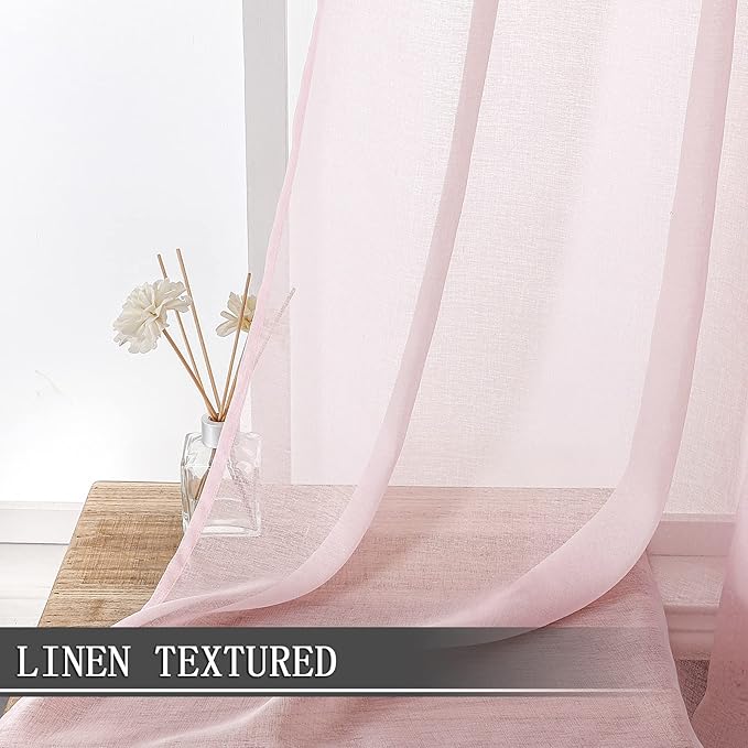 Tollpiz Short Sheer Curtains Linen Textured Living Room Curtain Sheers Light Filtering Rod Pocket Voile Curtains for Bedroom, 42 x 45 inches Long, Pink, Set of 2 Panels