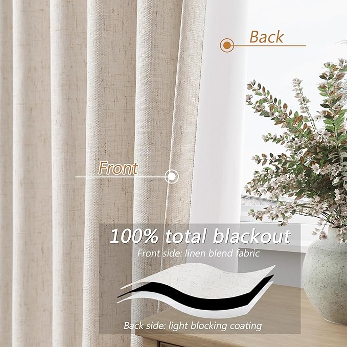 Guken 100% Blackout Linen Curtains 63 Inch Length 2 Panels Set for Living Room Bedroom Back Tab Thermal Insulated Black Out Drapes Room Darkening Farmhouse Style for Bedroom Window Curtains 52x63