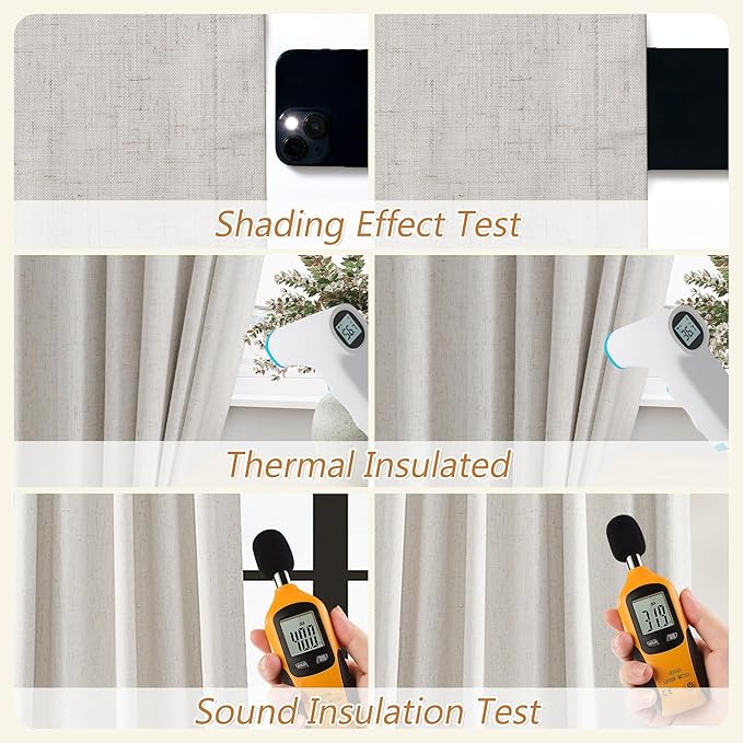 Guken 100% Black Out Light Beige Linen Curtains 90 Inch Long for Living Room Back Tab Rod Pocket Modern Farmhouse Thermal Insulated Drapes for Bedroom Black Out Window Curtain 2 Panels, 52x90
