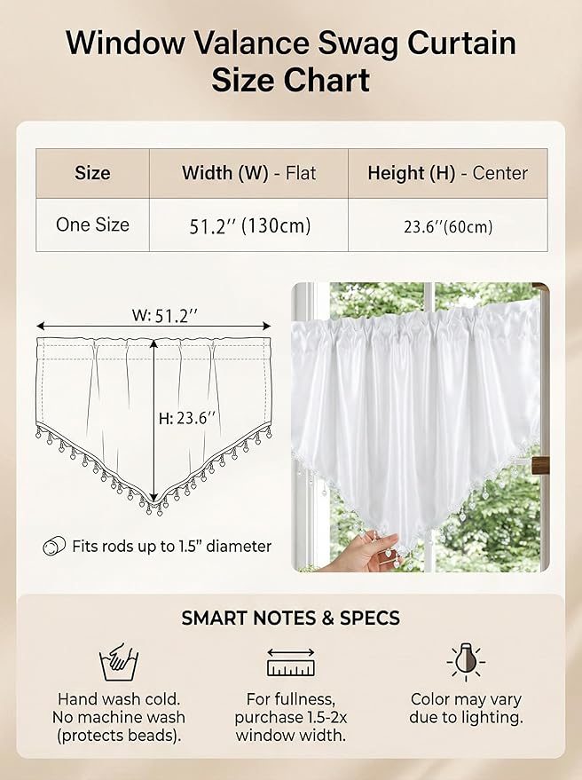 Molaxhome Swag Curtain 51 inch Length Rod Pocket Scalloped Curtain Valance Sheer Lace Panels with Hanging Crystal Beads for Kitchen Bedroom Window Treatments Drape Decor 1pc (Cloth White, 51Wx23L)