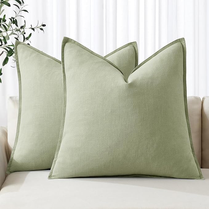 MIULEE Decorative Linen Pillow Covers 20x20 Inch Light Green Boho Farmhouse Neutral Spring Couch Throw Pillows for Bed Pack of 2 Accent Modern Pillowcase Summer Sofa Livingroom Home Decor