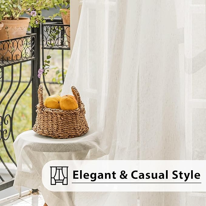 FMFUNCTEX Linen Sheer Sliding Door Curtains for Bedroom, Beige Curtains 108 Inches Long Window Curtain Drapes for Living Room, Natural Patio Glass Door Extra 100 Wide Curtain, Rod Pocket 1 Panel