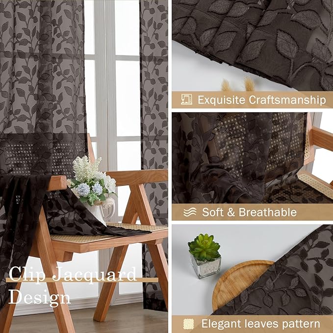 Chyhomenyc Chocolate Sheer Curtains 84 Inch Length 2 Panels Set, Light Filtering Tufted Textured Soft Airy Rod Pocket Gentle Leaf Window Treatment Drapes for Bedroom Living Room, 52" Wx84 L, 2PCS