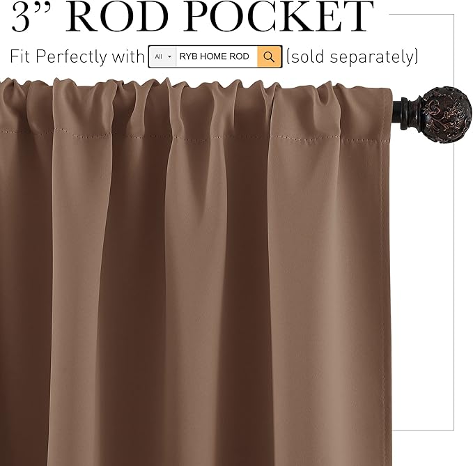 RYB HOME Kitchen Blackout Curtains Over Sink 36 inch Length, Rod Pocket Summer Light UV Blocking Energy Efficient, Cabinet Shelf Cupboard Coverings, Width 29 by Length 36, Mocha, 2 Panels
