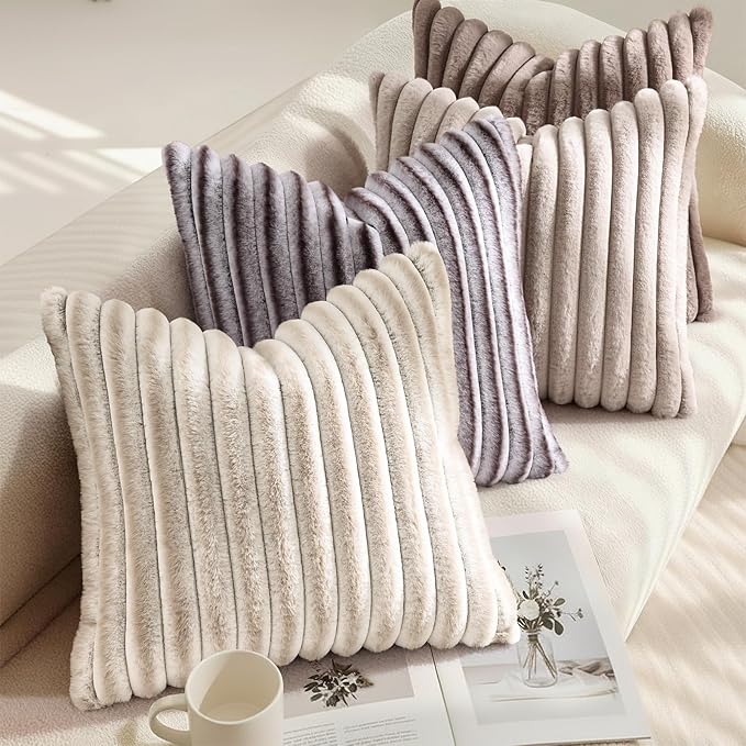 decorUhome Cozy Faux Fur Throw Pillow Covers 24x24 Set of 2 Decorative Soft Plush Striped Modern Farmhouse Boho Couch Euro Sham Pillow Cases with Velvet Back for Sofa Bed Living Room, Tan