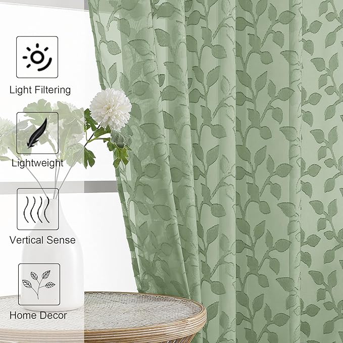 Chyhomenyc Sage Green Sheer Curtains 90 Inch Length 2 Panels Set, Light Filtering Tufted Textured Soft Airy Rod Pocket Gentle Leaf Window Treatment Drapes for Bedroom Living Room, 52" Wx90 L, 2PCS