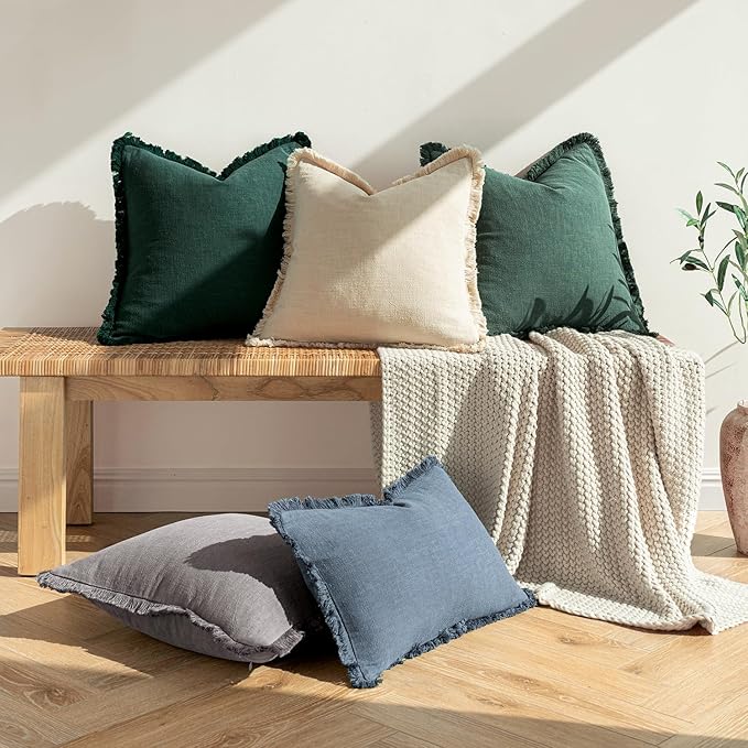 MIULEE Decorative Throw Pillow Covers Neutral Linen Fringe Throw Pillows Set of 2 Beige Boho Farmhouse Cushion Covers with Tassels for Couch Sofa Bed Living Room Spring Home Decor 18x18 Inch