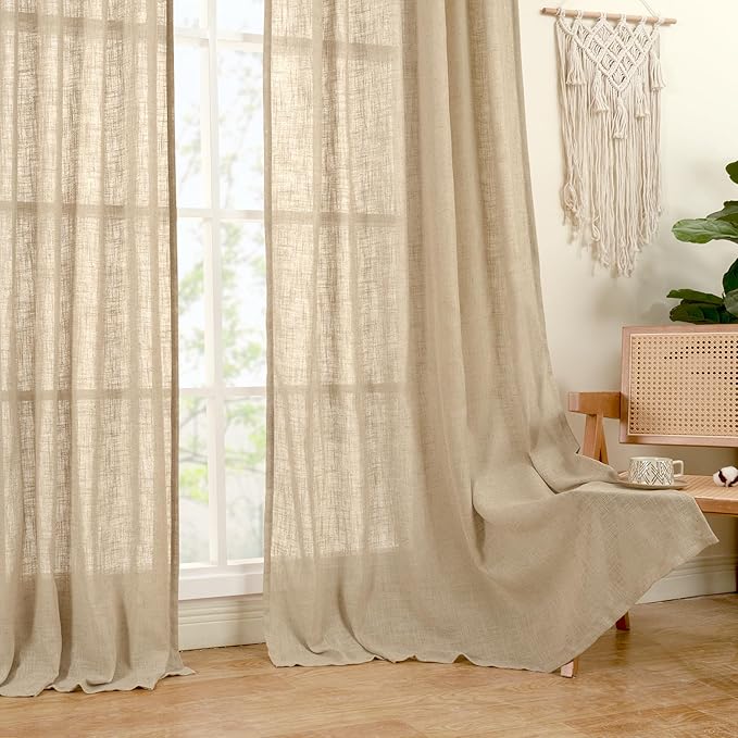 LAMIT Short Window Linen Curtains 36 Inch Length 2 Panels, Brown Light Filtering Panels Back Tab and Rod Pocket Neutral Drapes for Bathroom/Loft Room, 34 x 36 Inch