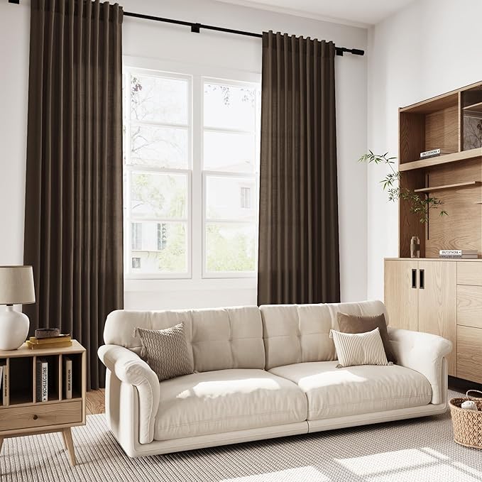 Nanspring Chocolate Linen Blend Light Filtering Back Tab Curtains 96 Inches Long, Semi Sheer Privacy Drapes for Living Room & Bedroom, 52x96 inch, 2 Panels