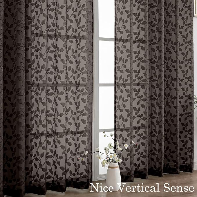 Chyhomenyc Chocolate Sheer Curtains 90 Inch Length 2 Panels Set, Light Filtering Tufted Textured Soft Airy Rod Pocket Gentle Leaf Window Treatment Drapes for Bedroom Living Room, 52" Wx90 L, 2PCS