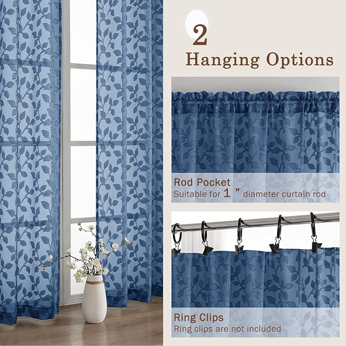 Chyhomenyc Dusty Blue Sheer Curtains 54 Inch Length for Living Room 2 Panels Set, Light Filtering Tufted Textured Soft Airy Rod Pocket Leaf Window Treatment Drapes for Bedroom, 42" Wx54 L, 2PCS