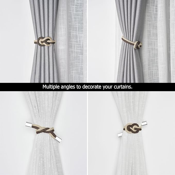 NICEEC 2 Pack Mini Magnetic Curtain Tiebacks Nordic Simple Style Drape Tie Backs Elegant Hand Weave Rope Knot Decorative Curtain Holdbacks for Home & Office Thin Window Drapery (Coffee & Beige)