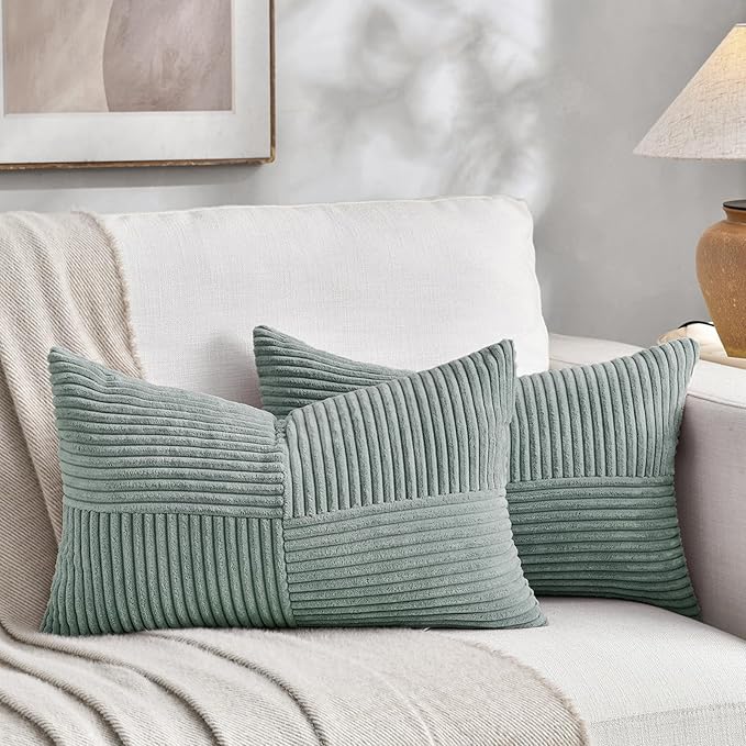 Fancy Homi 2 Packs Grey Blue Lumbar Decorative Throw Pillow Covers 16x32 Inch for Living Room Couch Bed, Rustic Farmhouse Boho Home Decor, Soft Striped Corduroy Rectangle Accent Cushion Case 40x80 cm