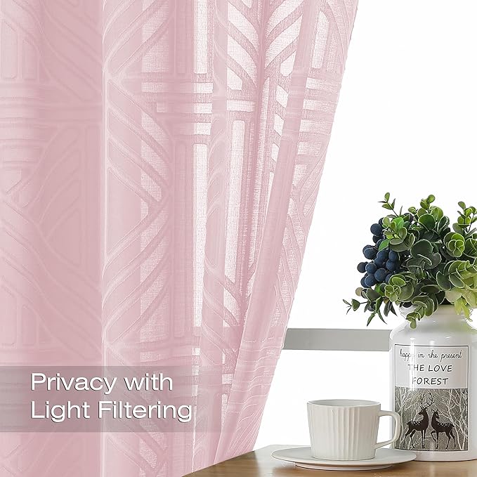 Simplebrand Blush Semi Sheer Curtains 63 Inch Length 2 Panels, Light Filtering Geometric Jacquard Clip Textured Short Sheer Curtains for Bedroom，Modern Elegant Window Curtains Drapes，42x63 inch