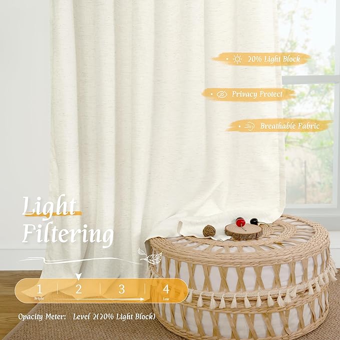 LAMIT Cream Linen Curtains 54 Inch Length 2 Panels, Light Filtering Faux Linen Textured Panels Rod Pocket Neutral Privacy Drapes for Window/Loft Room/Bedroom, 42 x 54 Inch