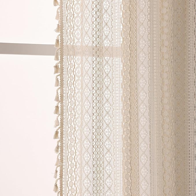 WAZZIO Boho Lace Curtains 54 Inches 2 Panel,Light Filtering Privacy Tassel & Geometry Crochet Semi Sheer Curtain Drapes for Bedroom Living Dining Room,Rod Pocket & Tassel,Vintage Farmhouse Decor,Beige