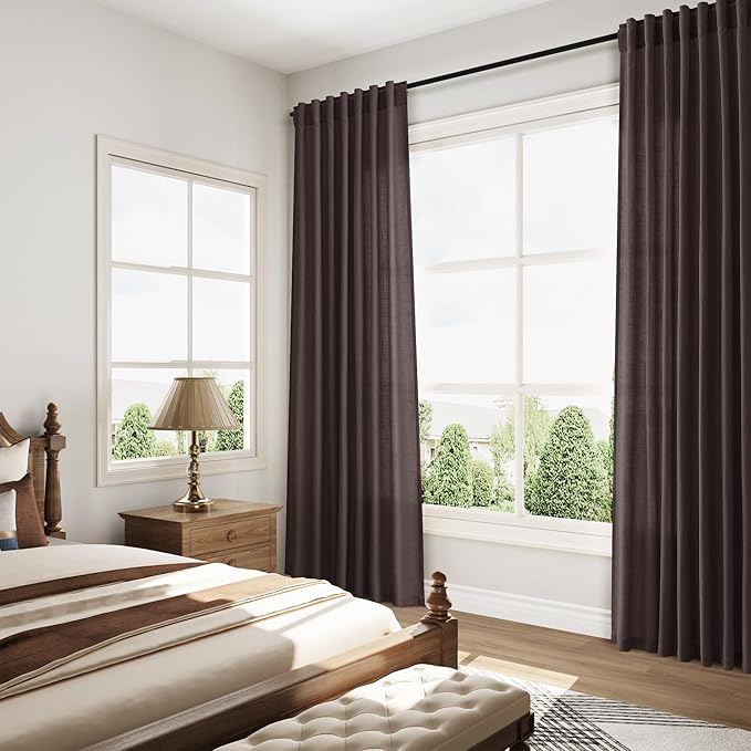 Nanspring Cocoa Coffee Linen Blend Light Filtering Back Tab Curtains 108 Inches Long, Semi Sheer Privacy Drapes for Living Room & Bedroom, 52x108 inch, 2 Panels
