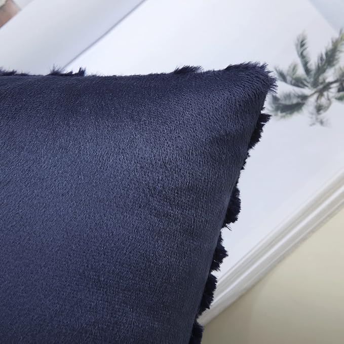 decorUhome Summer Throw Pillow Covers 24x24 Inch Set of 2, Soft Plush Faux Wool Navy Blue Solid Couch Pillow Covers, Accent Euro Sham Farmhouse Neutral Square Pillow Cases for Sofa Bed Living Room
