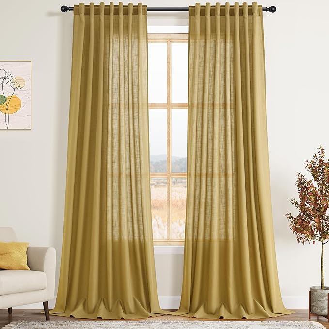 Extra Long Gold Linen Curtains 120 Inch for Living Room 2 Panels Set Rod Pocket Back Tab Light Filtering Semi Sheer Linen Window Drapes Privacy High Ceiling Drapes for Farmhouse 52x120