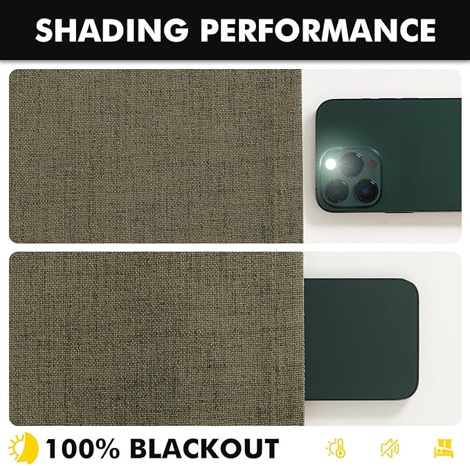 MIULEE 100% Blackout Linen Curtains for Bedroom, Light Olive Green Solid Luxury Decor Thermal Insulation Room Darkening Drapes for Living Room Nursery Back Tab Rod Pocket 42 x 63 Inches, 2 Panels