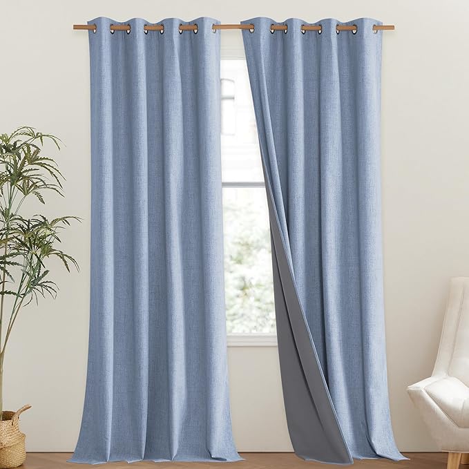 NICETOWN Stone Blue Vintage Linen 100% Blackout Curtains for Living Room, Thermal Insulated Curtains 120" Long, Noise Reducing Window Treatment Drapes for Hall Room, 52" Wide Per Panel, Set of 2