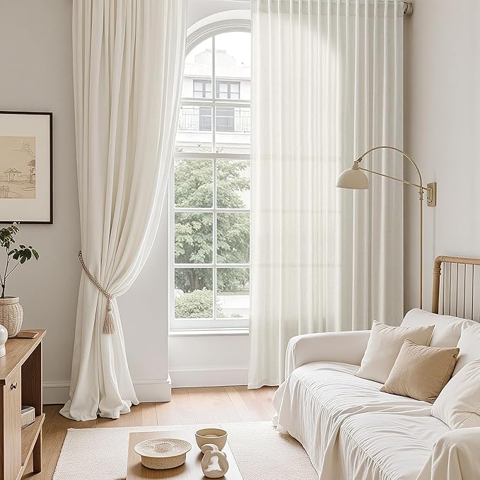 Nanspring Natural Linen Curtains 120 Inches Long for Living Room Light Filtering Sheer Curtains Back Tab and Rod Pocket Farmhouse Floor to Ceiling Curtain for Bedroom High Window 52x120, 2 Panels