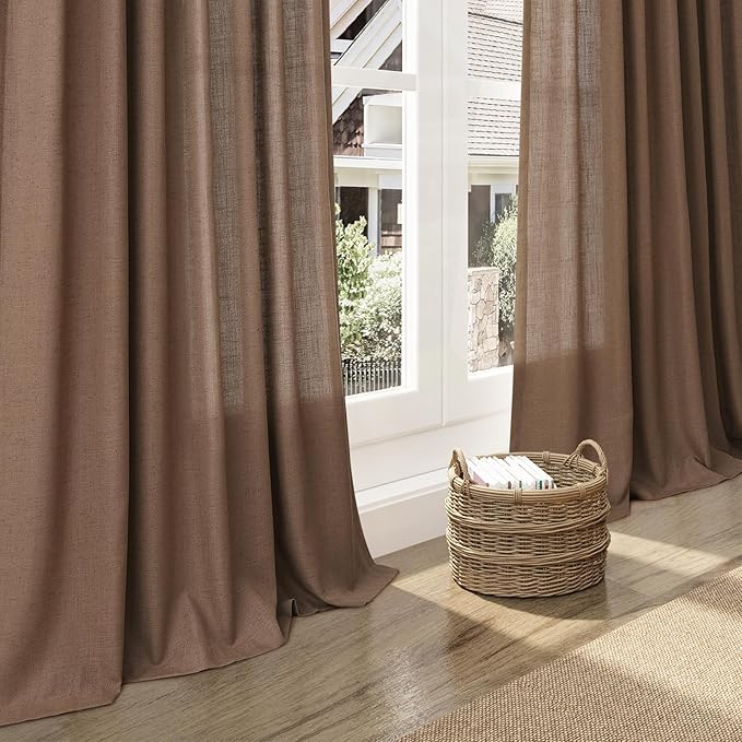 Caramel Brown Linen Curtains 84 Inches Long for Bedroom Back Tab Light Filtering Privacy Semi Sheer Drapes Modern Farmhouse Decor Cotton Textured for Living Room Curtain 2 Panels Set 52x84 Inch