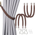 NICEEC 4 Pack Natural Cotton Rope Curtain Tiebacks Elegant Boho Style Decorative Drape Tie Backs Soft Hand-Woven Rope Curtain Holdbacks with Metal Hook for Home & Office Drapery (Coffee)