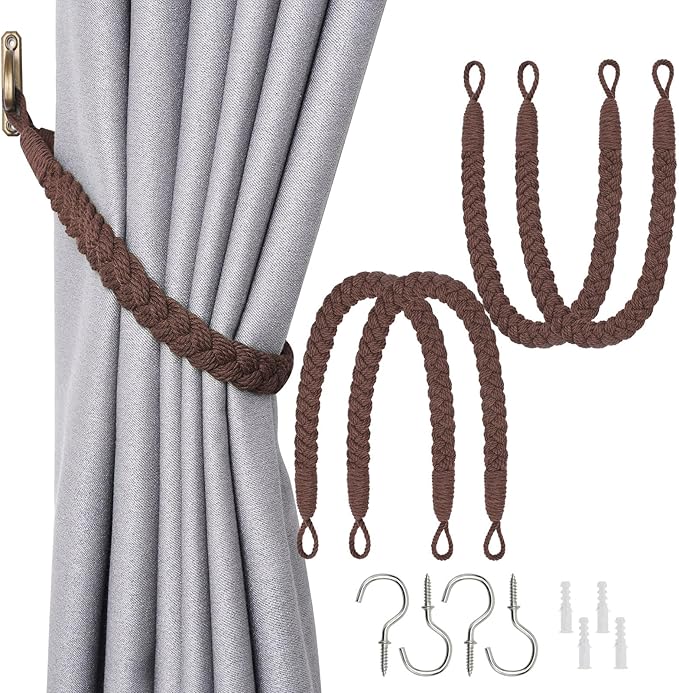 NICEEC 4 Pack Natural Cotton Rope Curtain Tiebacks Elegant Boho Style Decorative Drape Tie Backs Soft Hand-Woven Rope Curtain Holdbacks with Metal Hook for Home & Office Drapery (Coffee)