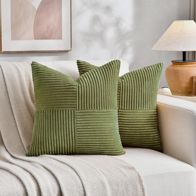Fancy Homi 2 Packs Moss Green Samll Decorative Throw Pillow Covers 14x14 Inch with for Couch Bed Sofa, Rustic Farmhouse Boho Home Decor, Soft Corss Patchwork Corduroy Square Cushion Case 35x35 cm