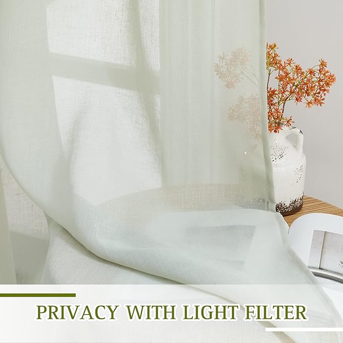 NICETOWN Sage Green Sheer Curtains 48 inches Long, Grommet Linen Blend Semi Sheer Privacy with Light Filtering Short Window Treatments for Bedroom/Cafe/Kitchen, W36 x L48, 2 Panels