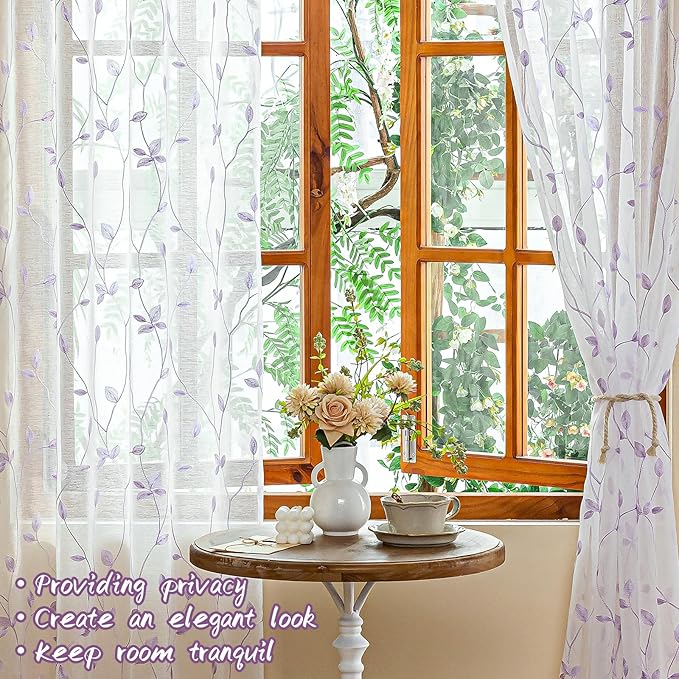 AmHoo 2 Panels Embroidered Leaf Pattern Semi Sheer Curtains Foliage Floral Voile Window Draperies Treatment for Bedroom Living Room Rod Pocket White Lavender Purple 53 x 63 Inch