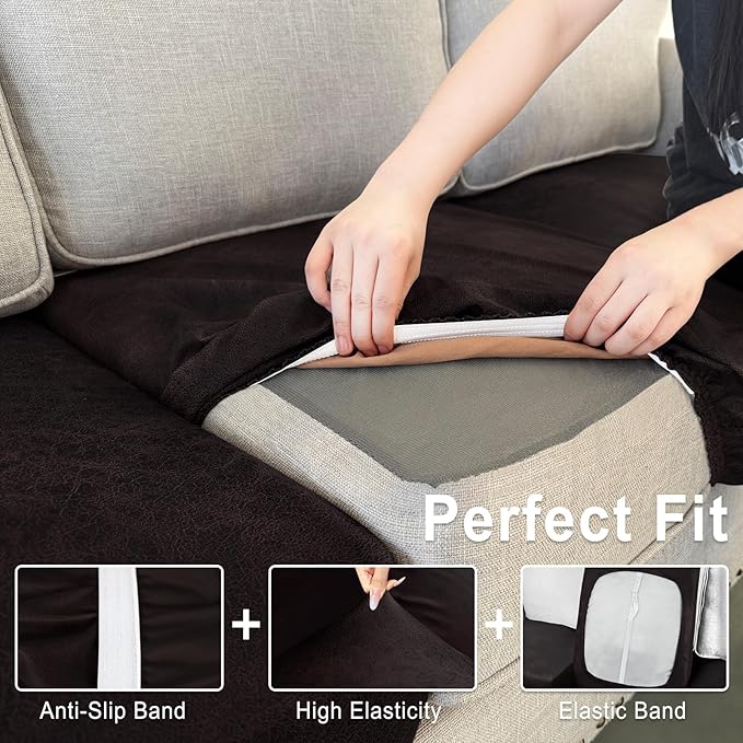 Leather Look Couch Cushion Covers Sofa Seat Slipcovers Sets Couches Furniture Protector for Sectional Armchair Loveseat Pets Kids Stretch Spandex Fabric (2 Cushion Loveseat, Chocolate)