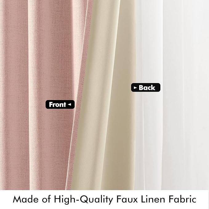 MIULEE 100% Blackout Linen Curtains for Bedroom, Blush Pink Solid Luxury Decor Thermal Insulation Room Darkening Drapes for Living Room Nursery Back Tab Rod Pocket 42 x 63 Inches, 2 Panels