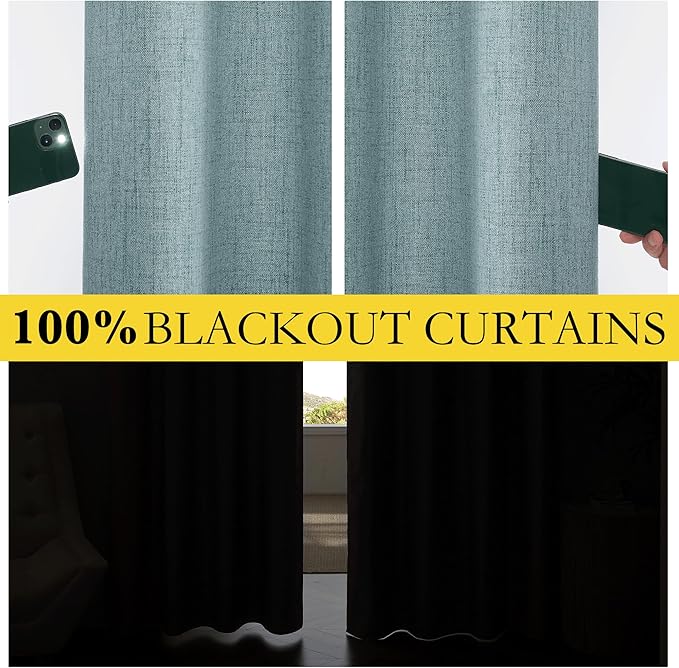 NICETOWN 100% Absolutely Blackout Linen Curtains with Thermal Insulated Liner, Skylark Blue, 62" Wide, 90" Length Energy Saving Curtains for Living Room 2 Panels Set, Vertical Blinds