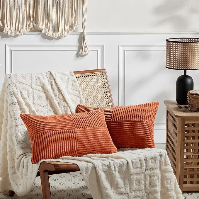 Fancy Homi Set of 2 Burnt Orange Lumbar Decorative Throw Pillow Covers 16x26 Inch for Living Room Couch Bed, Boho Farmhouse Fall Home Decor, Soft Corduroy Corss Patchwork Cushion Case 65x40 cm