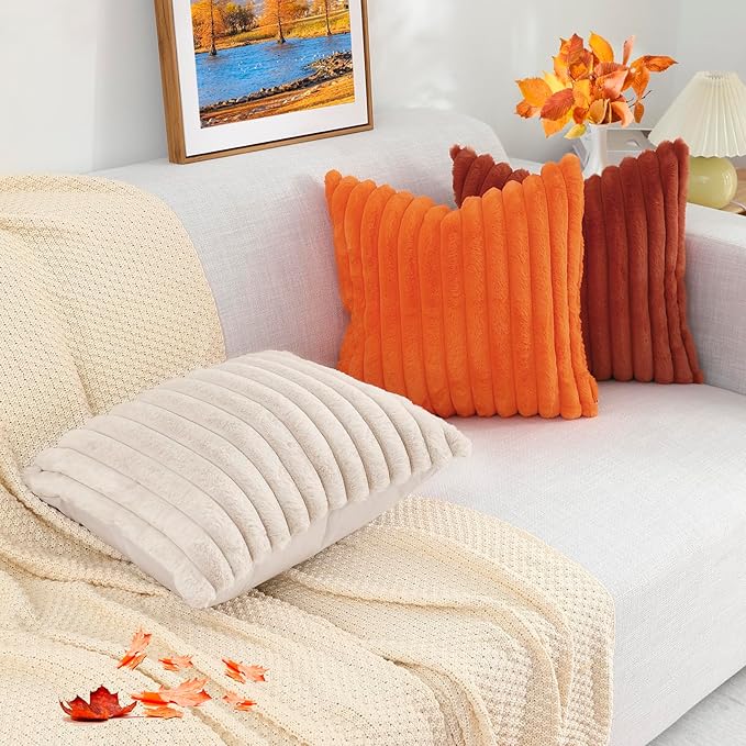 decorUhome Cozy Faux Fur Throw Pillow Covers 18x18 Set of 2 Decorative Soft Plush Striped Modern Farmhouse Boho Couch Pillow Cases with Velvet Back for Sofa Bed Living Room, Rust