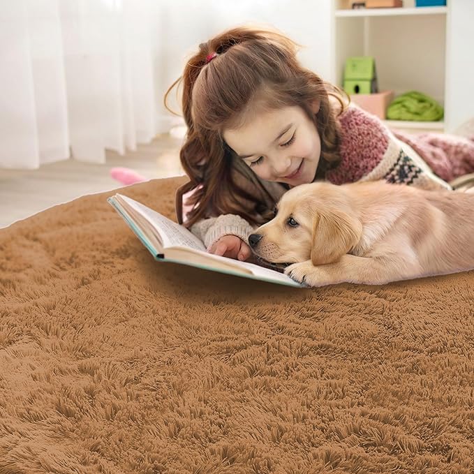 OLANLY Khaki Round Rugs for Bedroom - Machine Washable, 6 ft Circle Area Rugs for Living Room, Soft and Fluffy Shaggy Carpet for Teen Girl and Boys, Nursery Rooms, Dorms, Home Decor Aesthetic