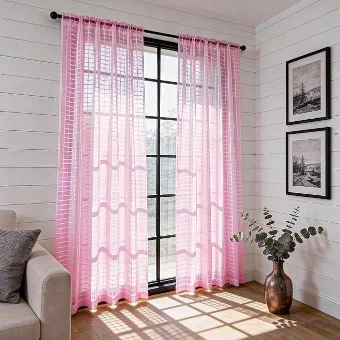 SpaceDresser Check Sheer Curtains 72 Inches 2 Panels Set, Rod Pocket Plaid Window Curtain for Living Room, Pink Semi Sheer Drapes for Kitchen Bedroom Children Room Yard（Pink, 52W x 72L）