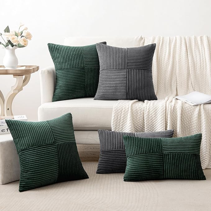 MIULEE Army Green Decorative Throw Pillow Covers 16x16 Inch for Couch Bed Sofa Pack of 2 Boho Farmhouse Throw Pillows Soft Cross Corduroy Patchwork Textured Cushion Cases