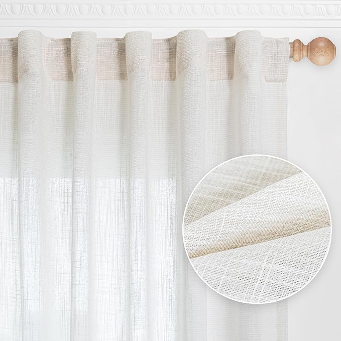 MYSKY HOME Natural Linen White Curtains 80 Inches Long, Semi Sheer Soft Cotton Window Drapes Set for Living Room Back Tab Elegant Cute Look Country Bedroom Curtains, Beige White, 50" x 80", Pack-2