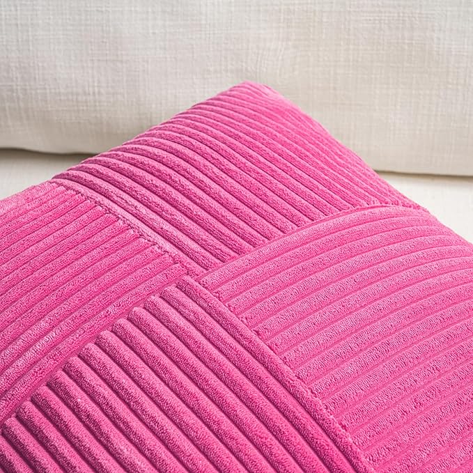Fancy Homi 2 Packs Hot Pink Lumbar Decorative Throw Pillow Covers 12x20 Inch for Living Room Couch Bed Sofa, Rustic Farmhouse Boho Home Decor, Soft Striped Corduroy Rectangle Accent Cushion Case